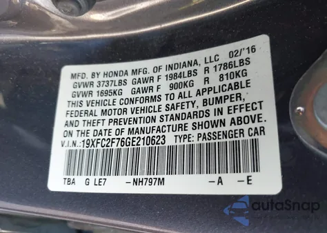 2016 Honda Civic Ex from USA, damaged, VIN 19XFC2F76GE210623